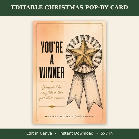 You're a Winner Pop By Card Realtor, Christmas Lottery Ticket Tag, Editable Canva Template, Real Estate Client Gift, Holiday Pop By