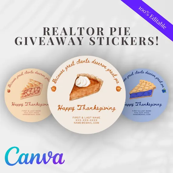 Realtor Pie Giveaway Stickers | 100% Editable Canva Templates for the Holidays