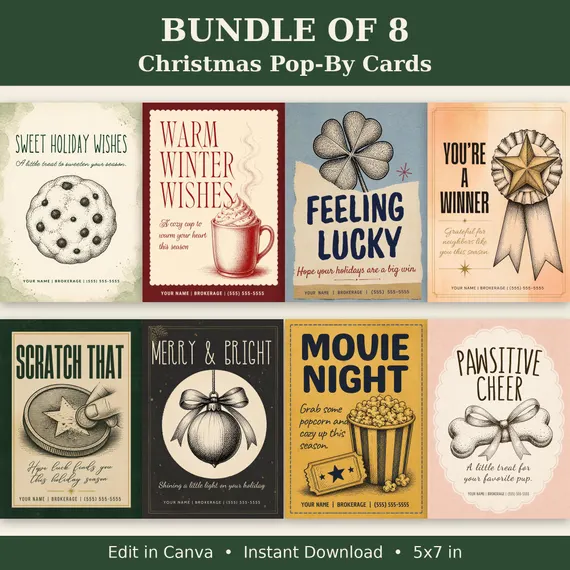 Christmas Pop By Cards Bundle of 8, Realtor Pop By Tags, Editable Canva Templates, Real Estate Client Gift, Holiday Marketing Set