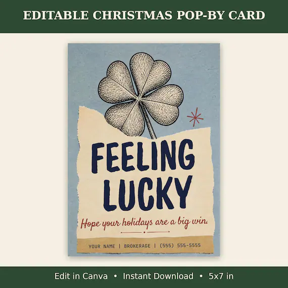 Lottery Ticket Pop By Card Realtor, Feeling Lucky Christmas Tag, Editable Canva Template, Real Estate Holiday Client Gift