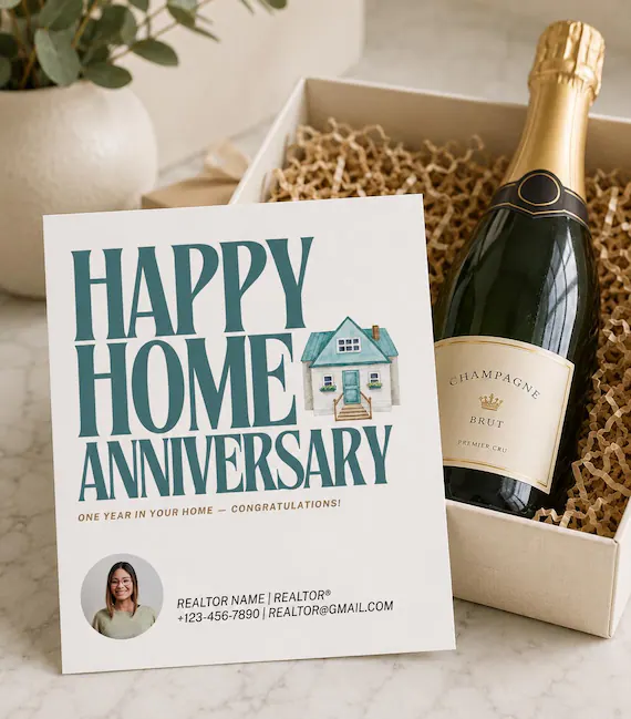 Anniversary Realtor Pop-By Card | Bold Teal, Cottage Illustration (Digital Download)