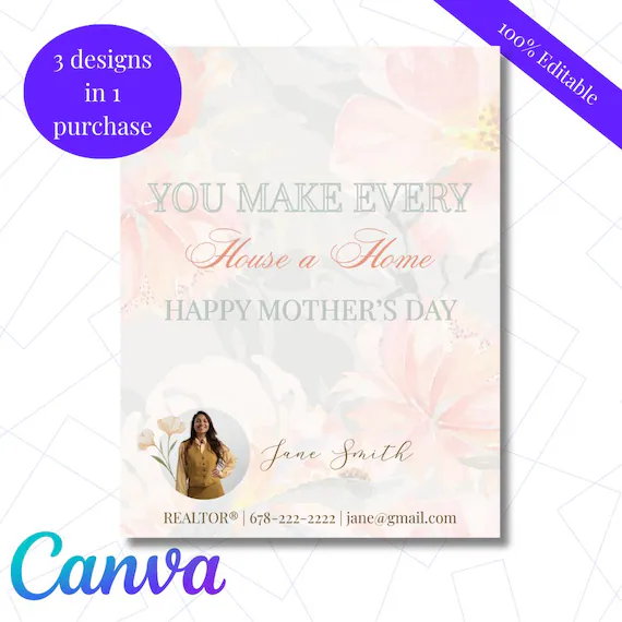 Mother’s Day Realtor Pop By Cards | Editable Canva Template | 3 Designs Bundle