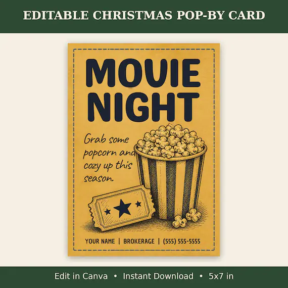 Movie Night Pop By Card Realtor, Christmas Popcorn Tag, Editable Canva Template, Real Estate Client Gift, Holiday Movie Pop By