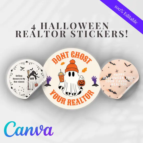 Halloween Realtor Stickers, Editable Canva Template, Client Gift (Digital Download)