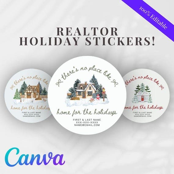 Holiday Realtor Sticker Bundle | 4 Editable Canva Designs for Client Gifts & Pop-Bys