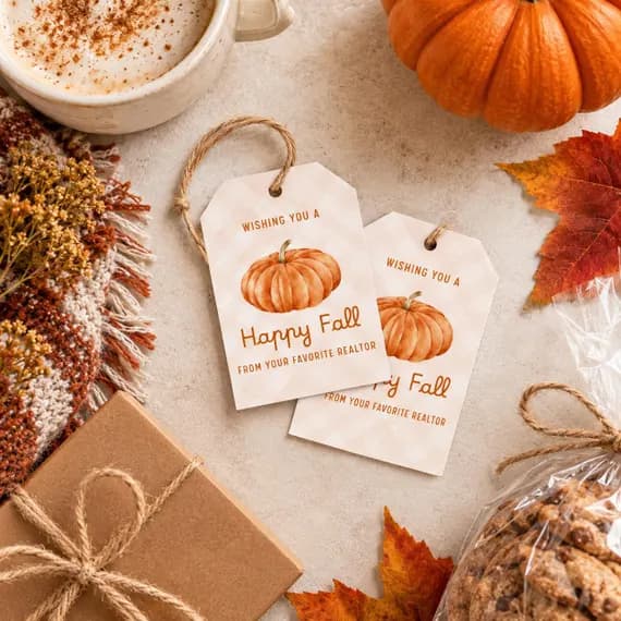 Happy Fall Pop By Tag, Pumpkin Realtor Gift Tag, Editable Canva Template, Fall Real Estate Client Gift, Autumn Pop By, Printable Tag