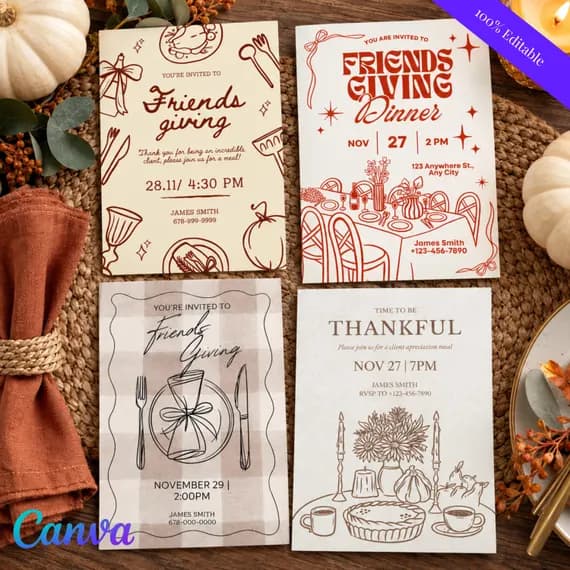 Friendsgiving Invitation for Realtors, Client Appreciation Dinner Invite, Editable Canva Template, Thanksgiving Party Invite, Set of 4