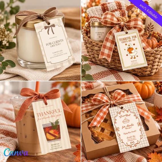 Thanksgiving Pop By Tags, Thankful for Clients Like You, Realtor Gift Tag Set of 4, Editable Canva Template, Fall Real Estate Client Gift